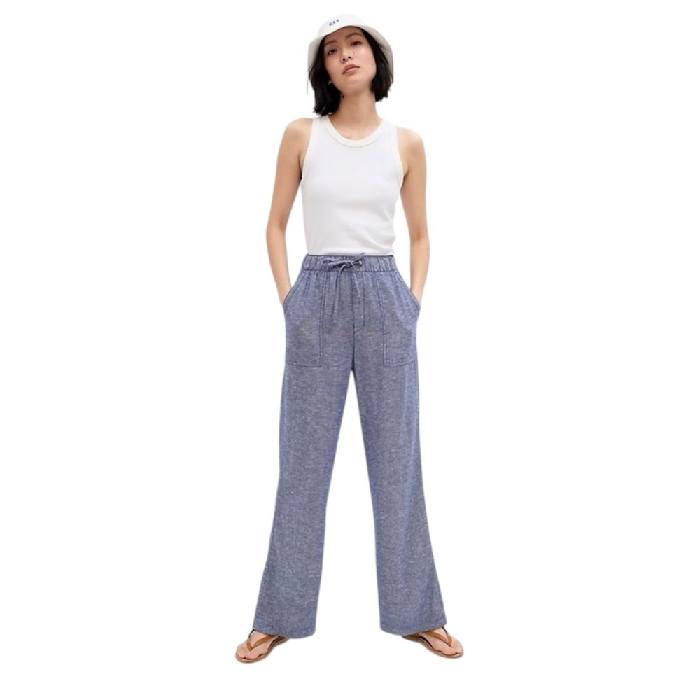 GAP Linen Blend Wide Leg Pull On Pants Blue Chambray Boho Coastal NWT Women's XS